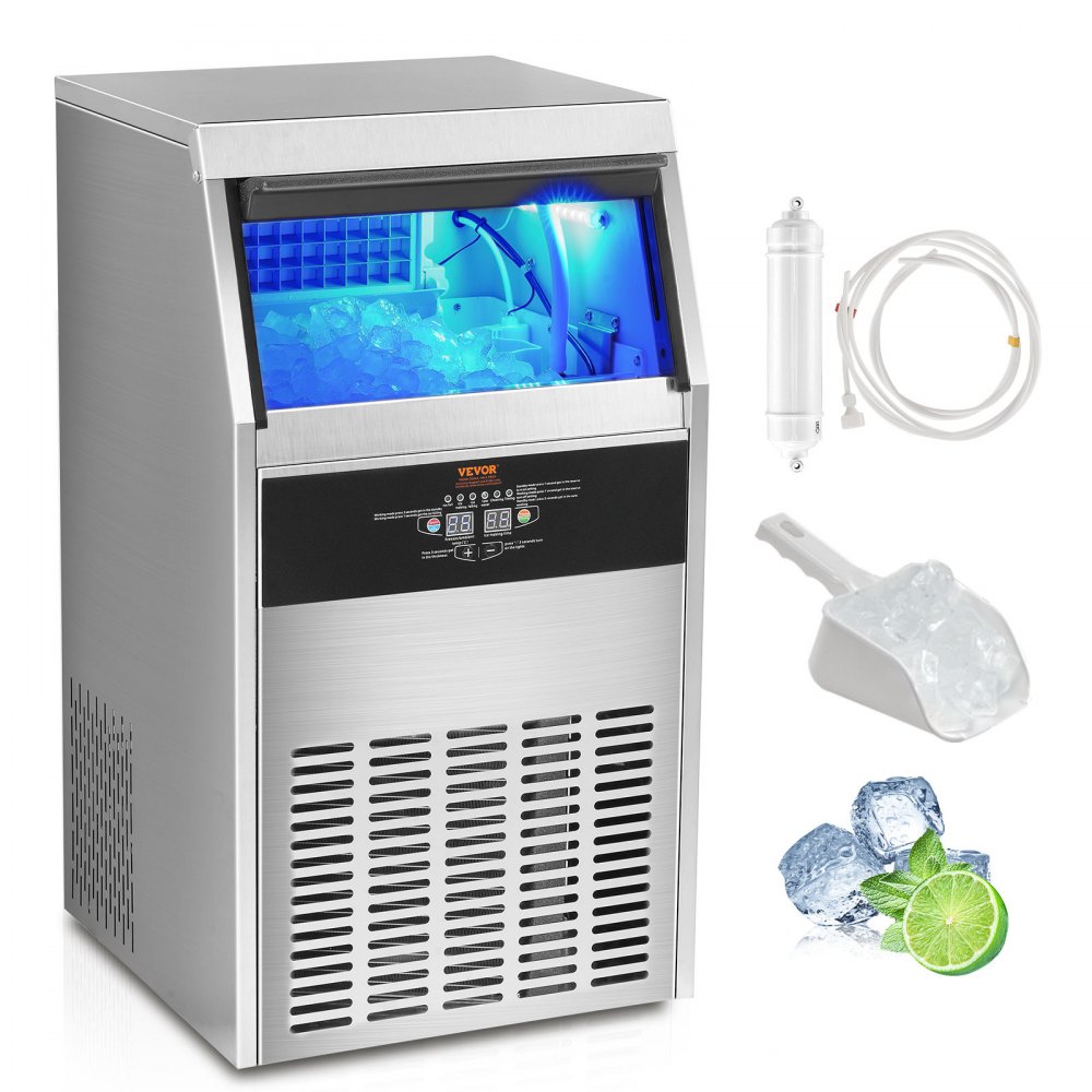 VEVOR commercial ice maker with led-lit ice compartment, ice scoop, filter, and lime garnish.