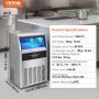 VEVOR commercial ice maker ssx110 in stainless steel with a digital display and detailed specifications.