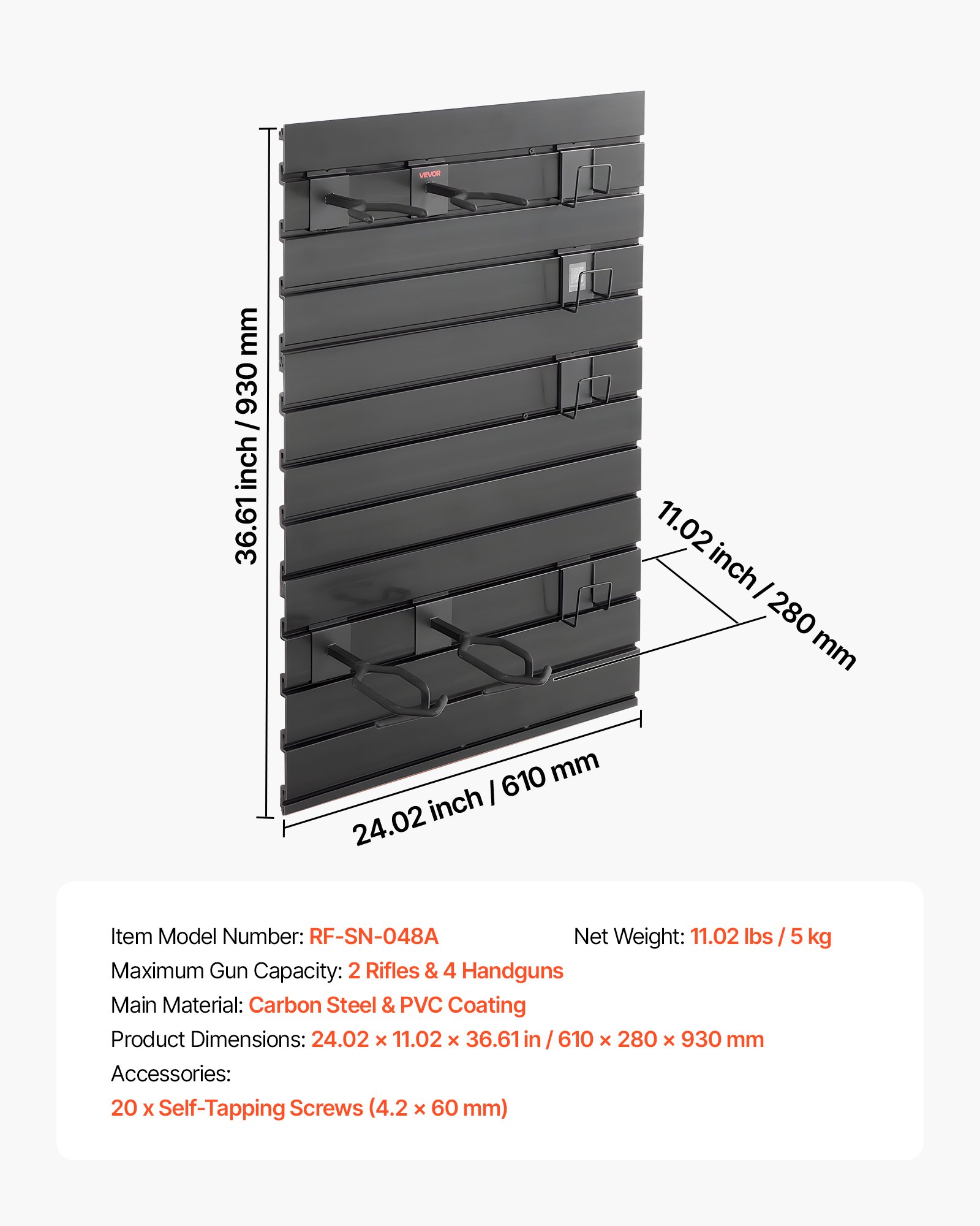 VEVOR Gun Rack, Wall Mount, Tactical Rifle Shotgun Handgun Storage, Heavy-Duty PVC Panels & Steel Wall Racks, Securely Holds up to 2 Rifles & 4 Pistols, Modular Firearms Gun Gear Accessories Organizer