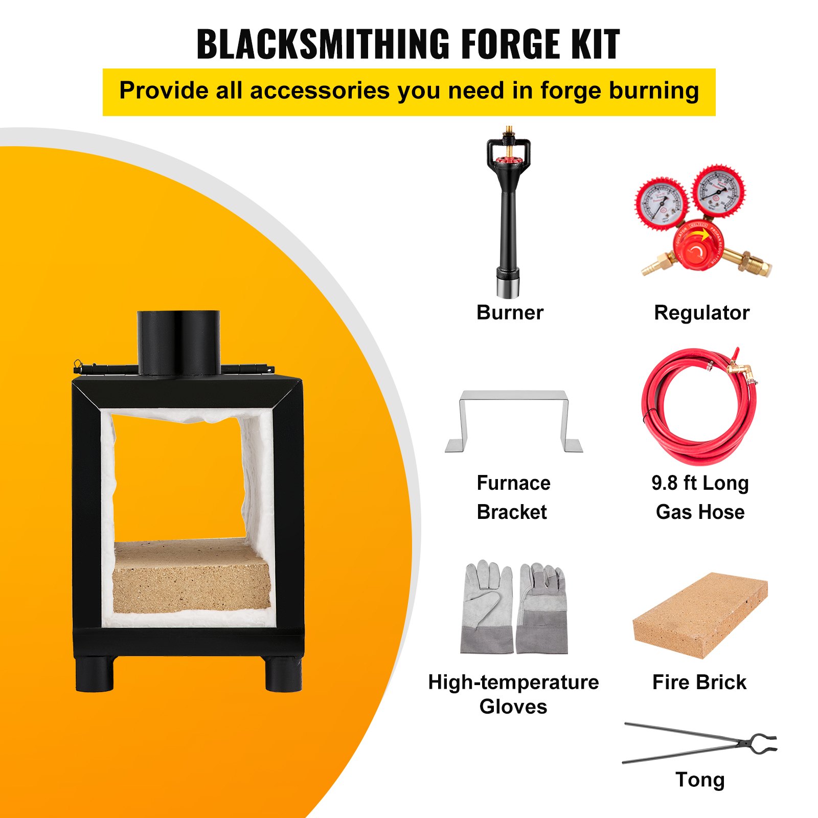 blacksmithing forge kit with VEVOR propane knife forge, burner, regulator, and more.