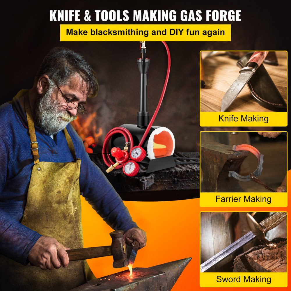 VEVOR Propane Knife Forge, Blacksmithing Forge with Single Burner, Portable Propane Forge with an Open Structure, Large Capacity Farrier Forge, Oval Propane Burner Forge for Knife and Tool Making