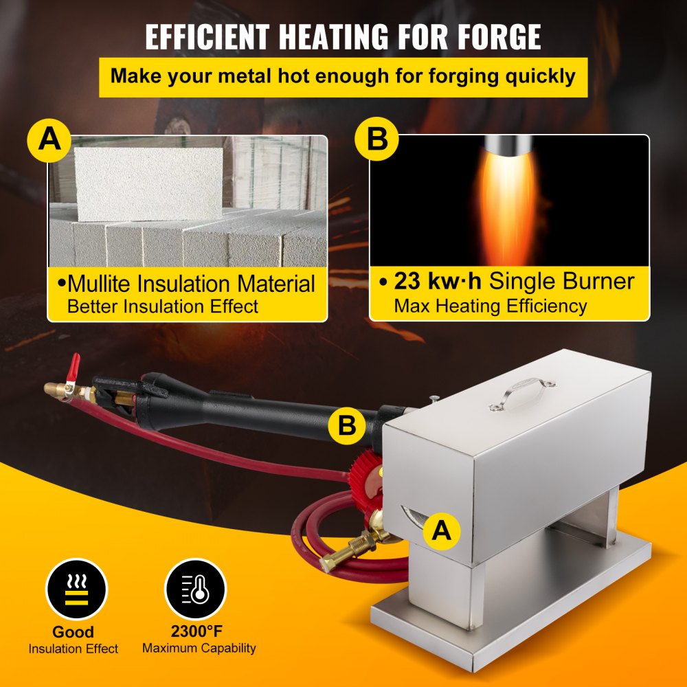 VEVOR Propane Knife Forge, Blacksmithing Forge with Single Burner, Portable Mullite Propane Forge with Single Door, Large Capacity Farrier Forge, Square Propane Burner Forge for Knife and Tool Making
