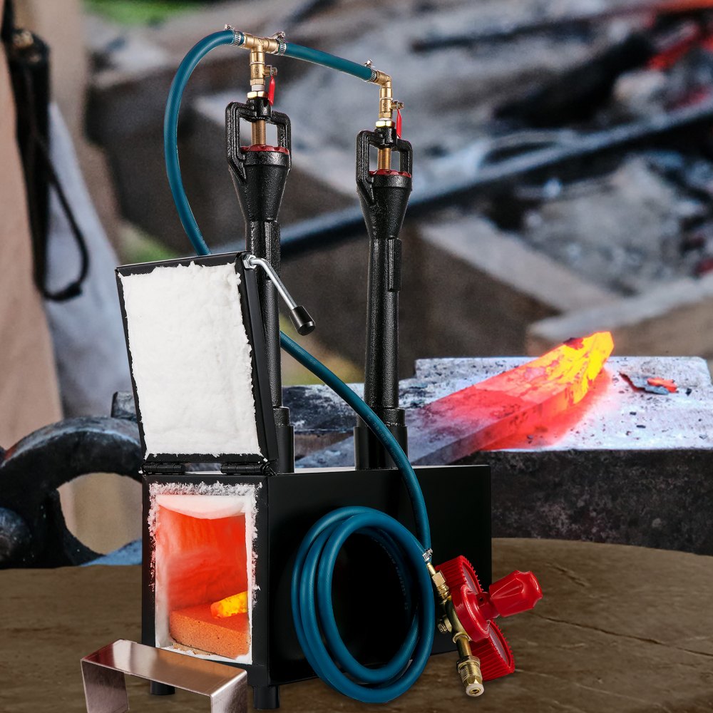 VEVOR propane knife forge with dual burners and heated metal on anvil.