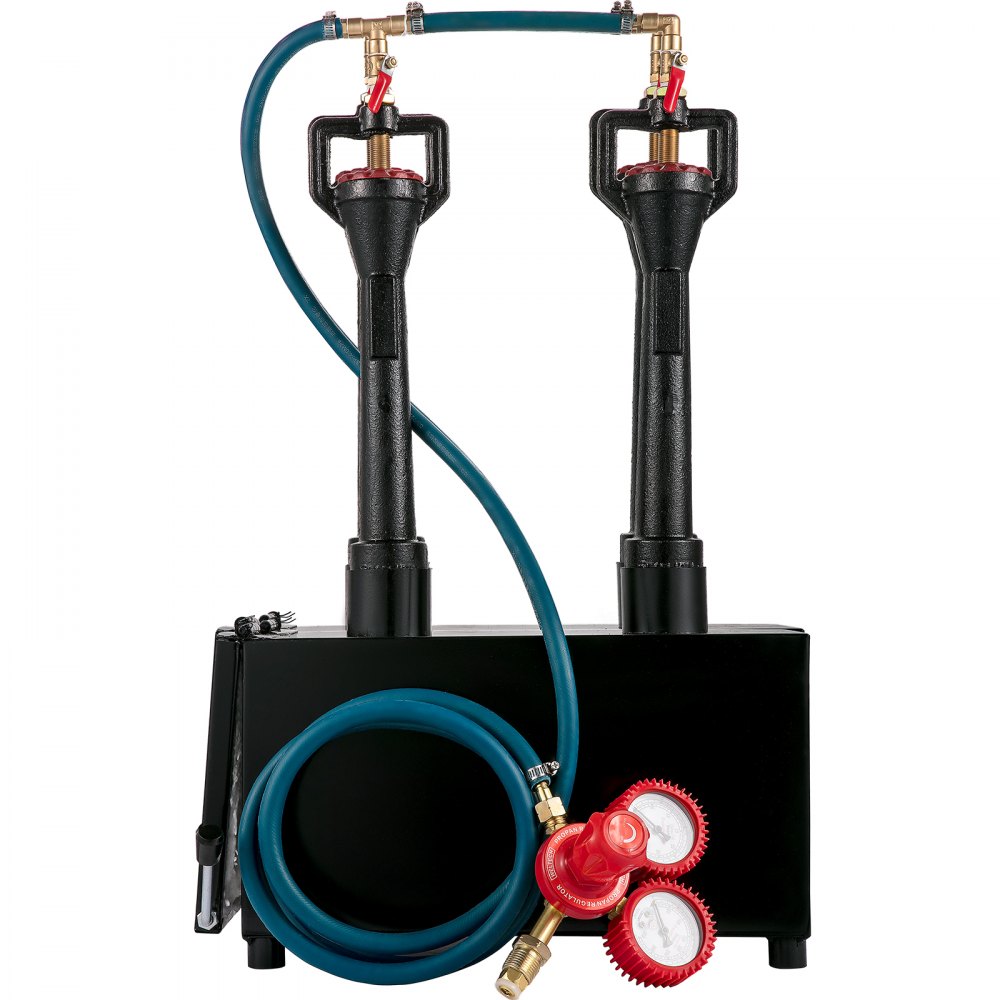 dual-burner VEVOR propane knife forge with blue hose and red pressure gauges.