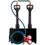 dual-burner VEVOR propane knife forge with blue hose and red pressure gauges.