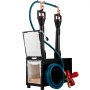 VEVOR propane knife forge with open lid, dual burners, and blue hose.