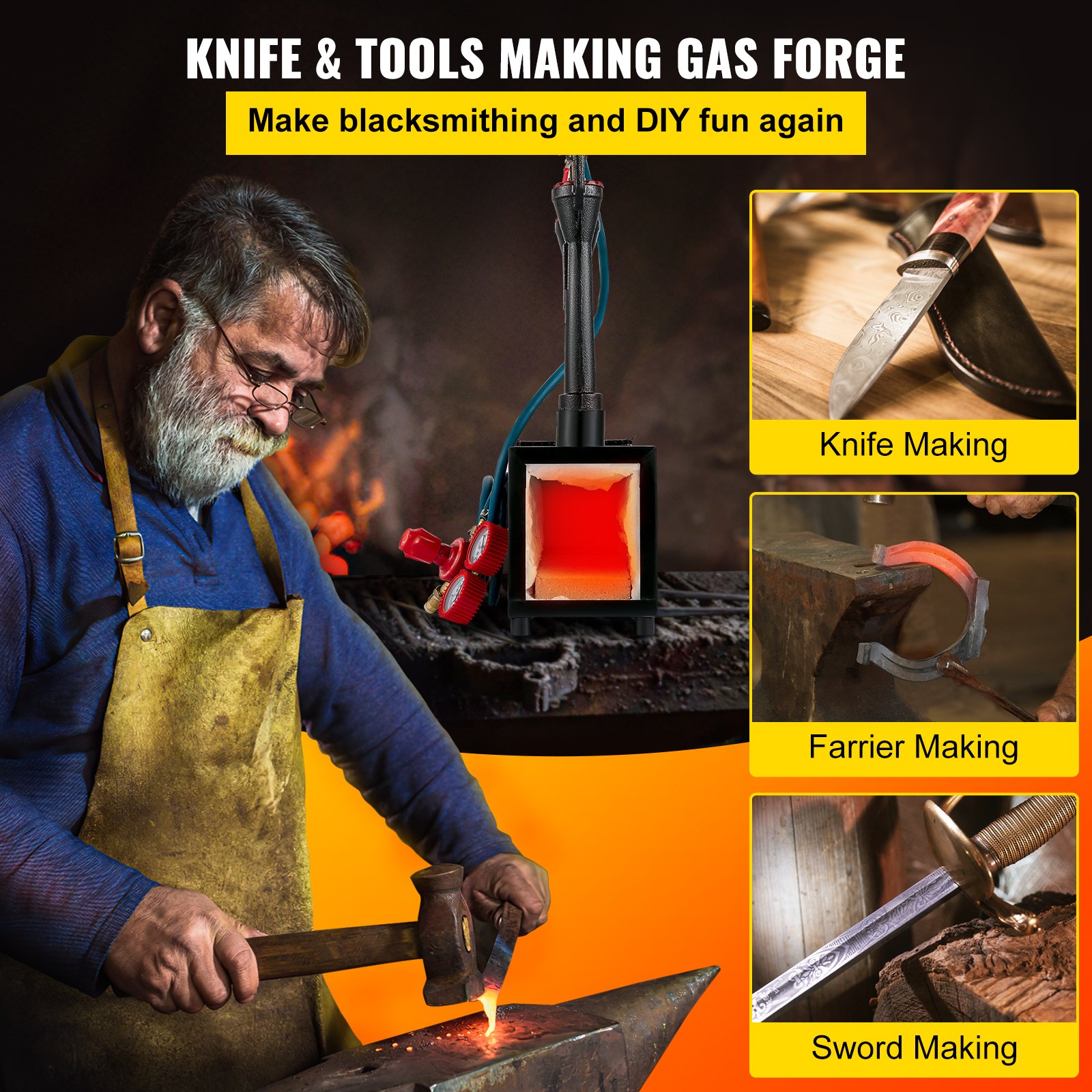 blacksmith using VEVOR propane knife forge for knife, farrier, and sword making projects.