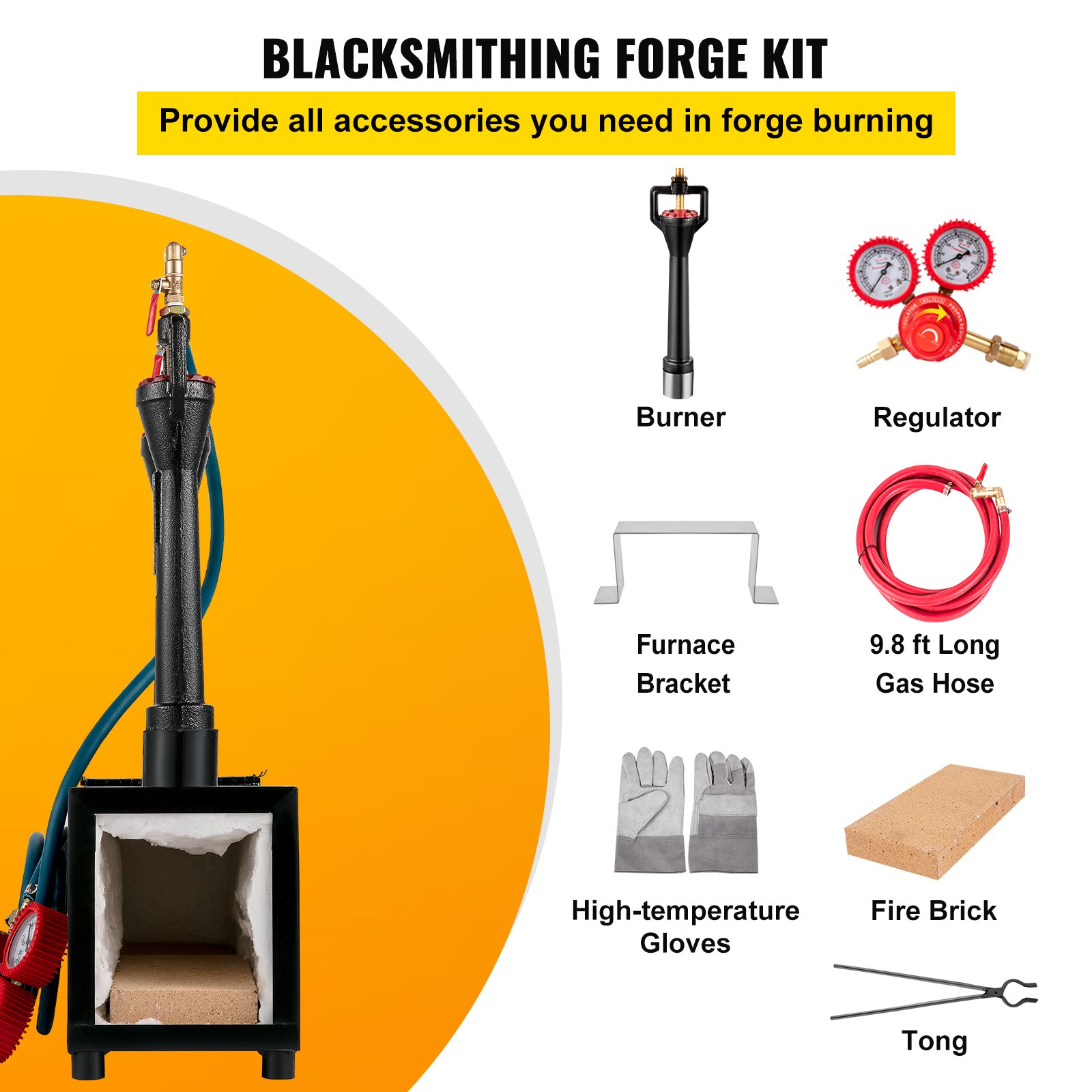 VEVOR propane knife forge blacksmithing kit with burner, regulator, and accessories.
