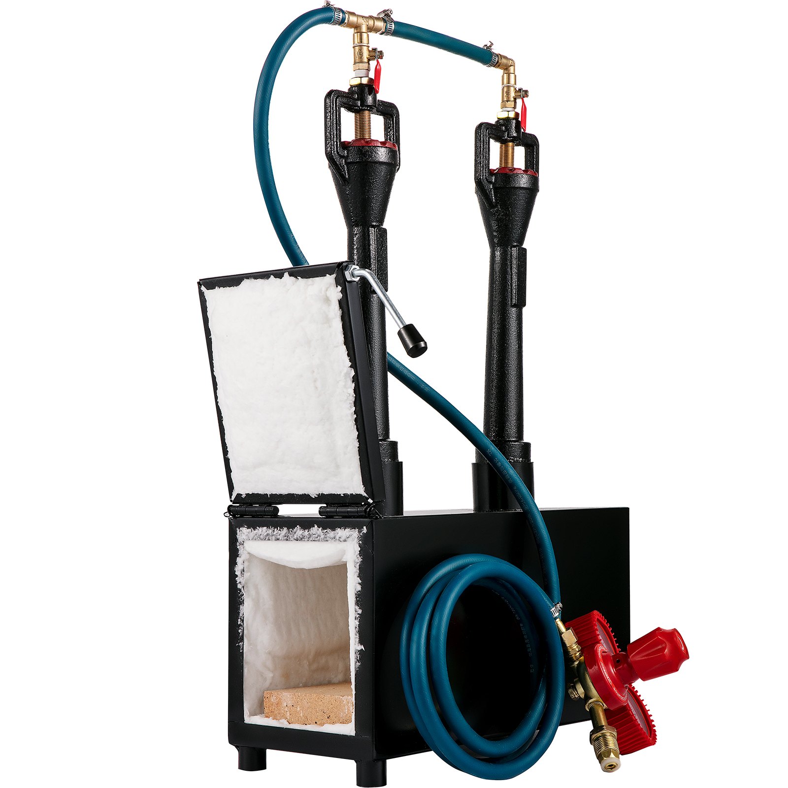 VEVOR propane knife forge with open lid, dual burners, and blue hose.