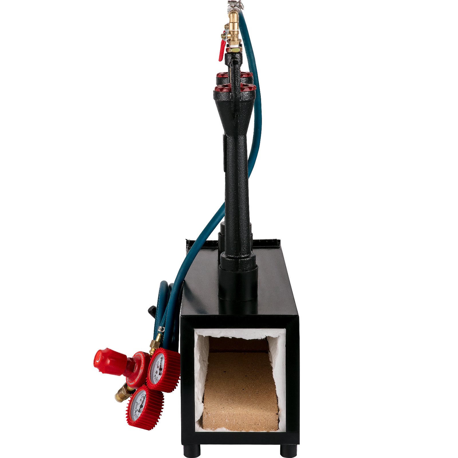 VEVOR propane knife forge with hose and red pressure gauges.