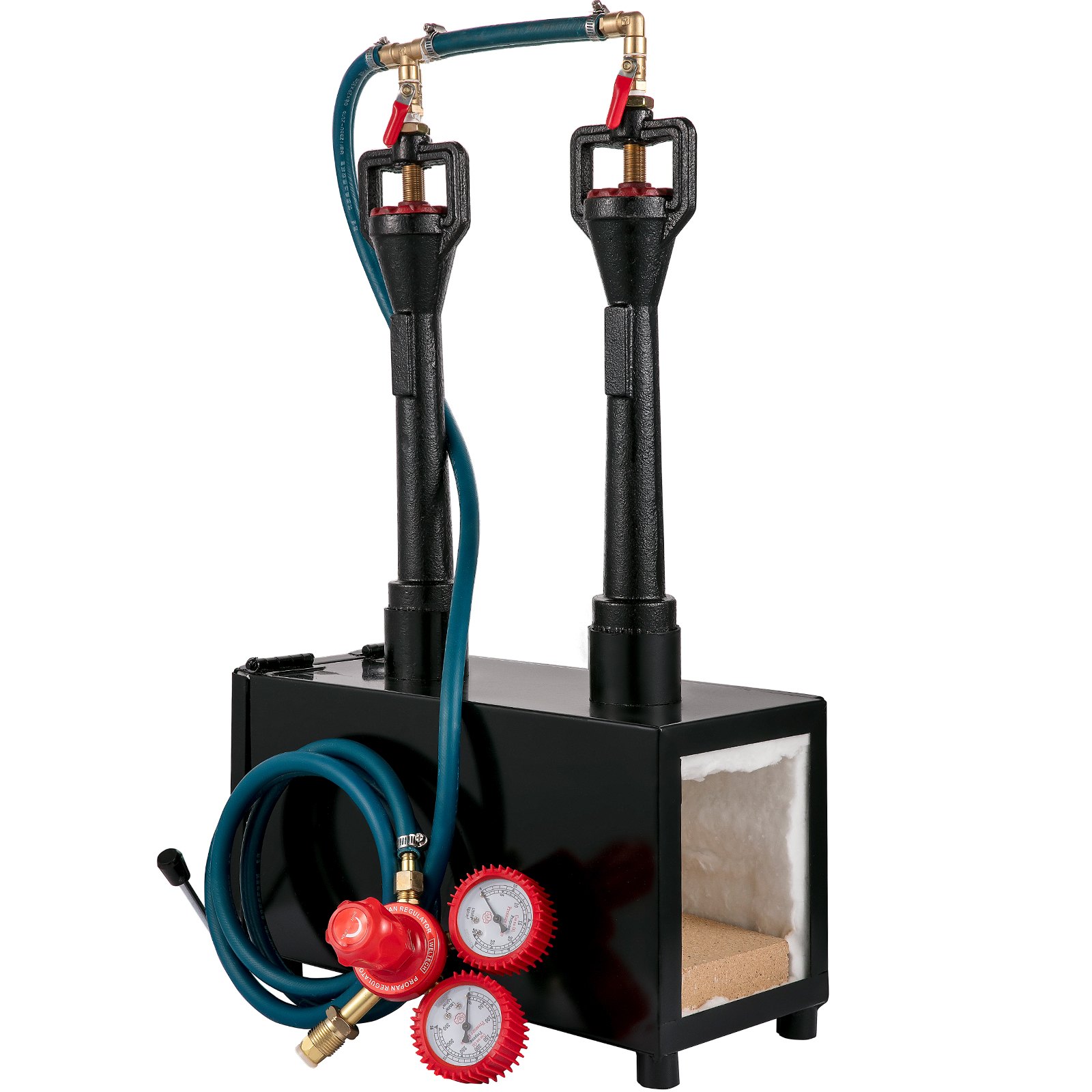 VEVOR propane knife forge with dual burners and pressure gauges.