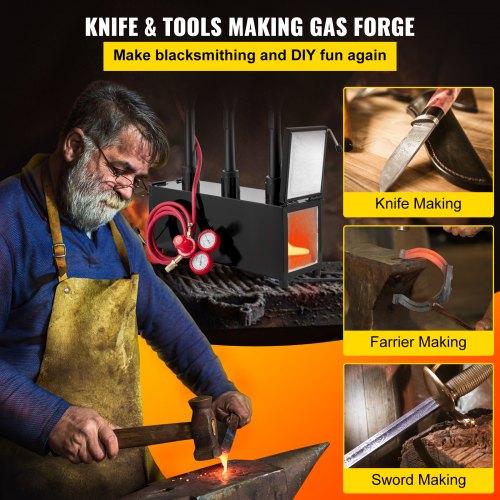 VEVOR Propane Knife Forge, Blacksmithing Forge with Three Burners, Portable Propane Forge with Two Durable Doors, Large Capacity Farrier Forge, Square Propane Burner Forge for Knife and Tool Making