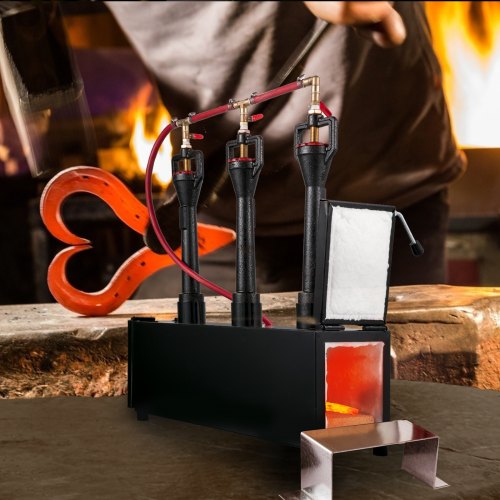 VEVOR Propane Knife Forge, Blacksmithing Forge with Three Burners, Portable Propane Forge with Two Durable Doors, Large Capacity Farrier Forge, Square Propane Burner Forge for Knife and Tool Making