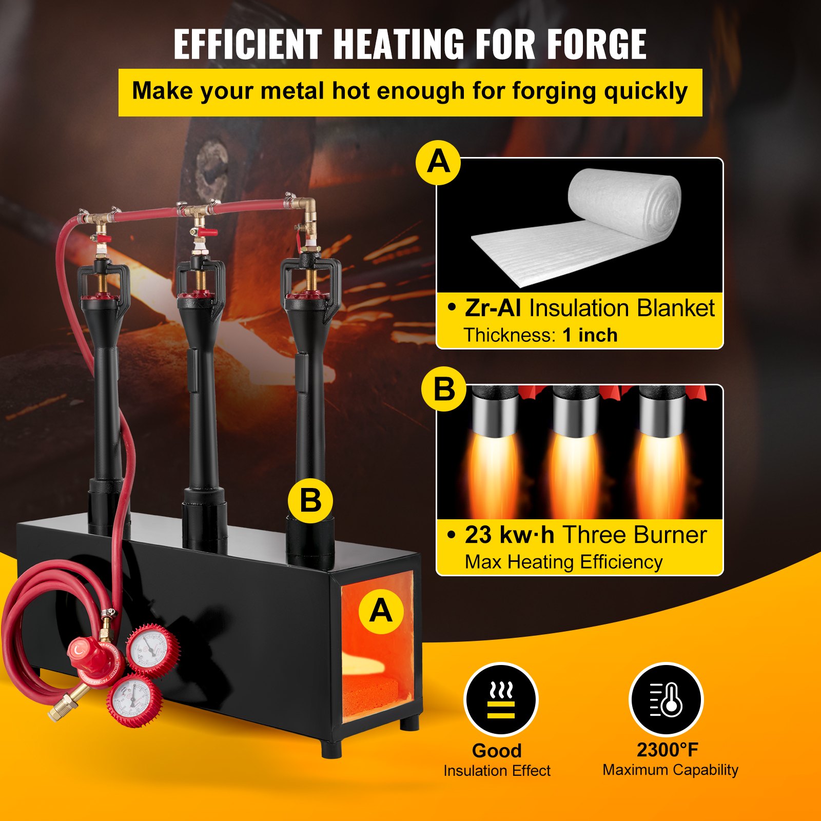 VEVOR Gas Propane Forge Furnace Burner Portable Three Burners Metal Tool Making