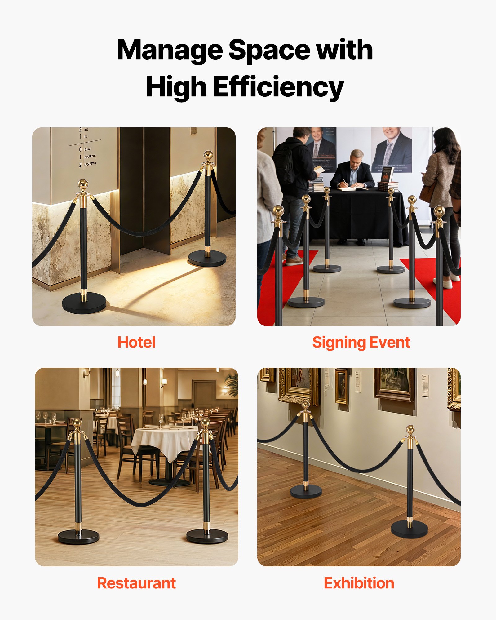 VEVOR Stanchion Post, 8 Pcs Crowd Control Barrier Set with 6 Black Velvet Ropes, Heavy Duty Stainless Steel Stanchion Post Queue with Hollow Base for Theater, Party, Wedding, Exhibition, Event (Black)