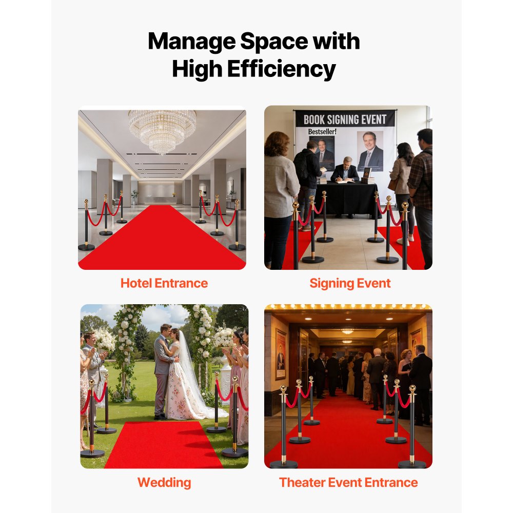 VEVOR Stanchion Post, 6 Pcs Crowd Control Barrier Set with Red Carpet, 4 Red Velvet Ropes, Stainless Steel Gold Stanchion Post Queue with Hollow Base for Theater, Party, Wedding, Exhibition (Black)