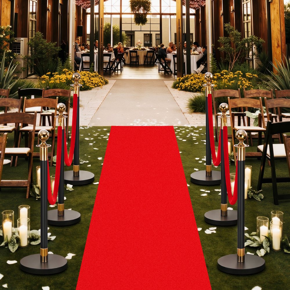 VEVOR Stanchion Post, 6 Pcs Crowd Control Barrier Set with Red Carpet, 4 Red Velvet Ropes, Stainless Steel Gold Stanchion Post Queue with Hollow Base for Theater, Party, Wedding, Exhibition (Black)