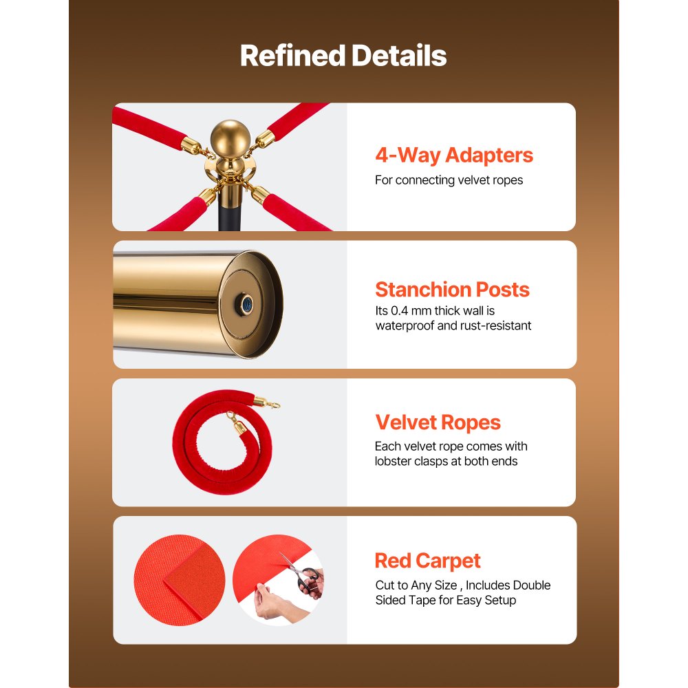 VEVOR Stanchion Post, 6 Pcs Crowd Control Barrier Set with Red Carpet, 4 Red Velvet Ropes, Stainless Steel Gold Stanchion Post Queue with Hollow Base for Theater, Party, Wedding, Exhibition (Black)