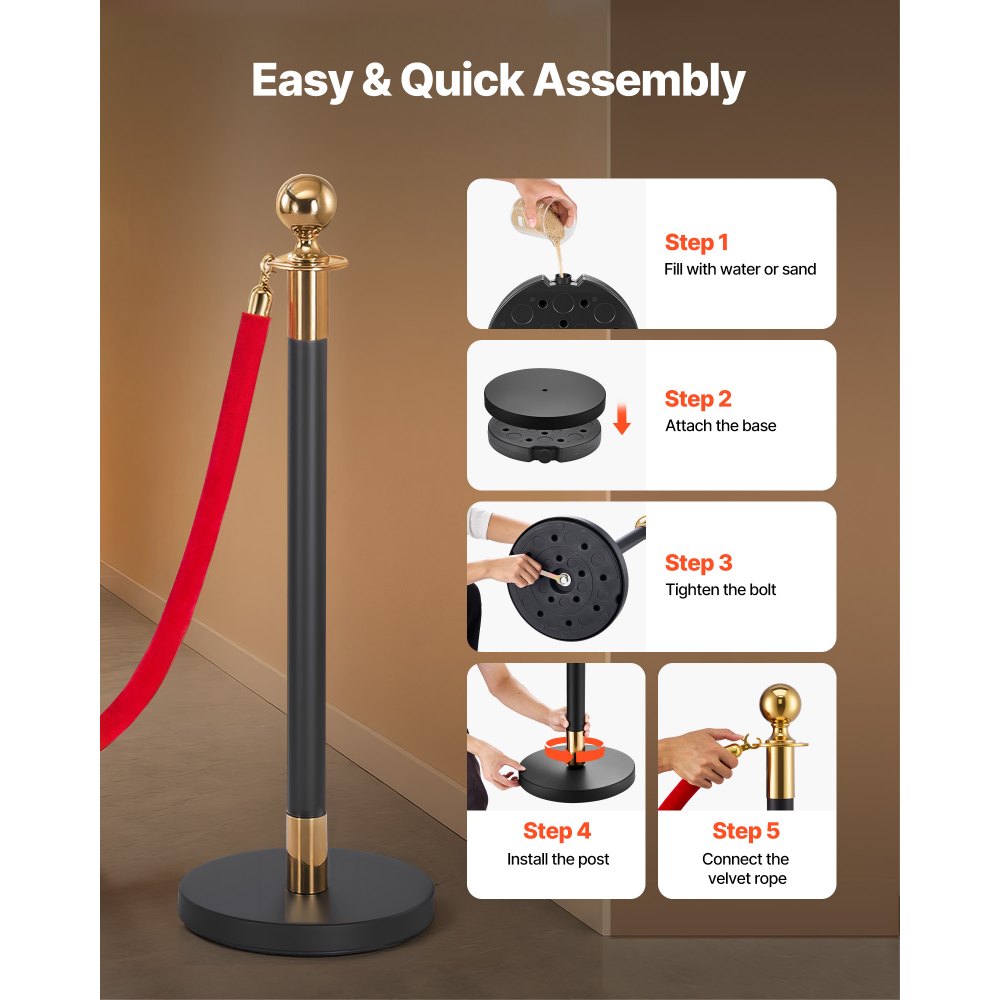 VEVOR Stanchion Post, 6 Pcs Crowd Control Barrier Set with Red Carpet, 4 Red Velvet Ropes, Stainless Steel Gold Stanchion Post Queue with Hollow Base for Theater, Party, Wedding, Exhibition (Black)