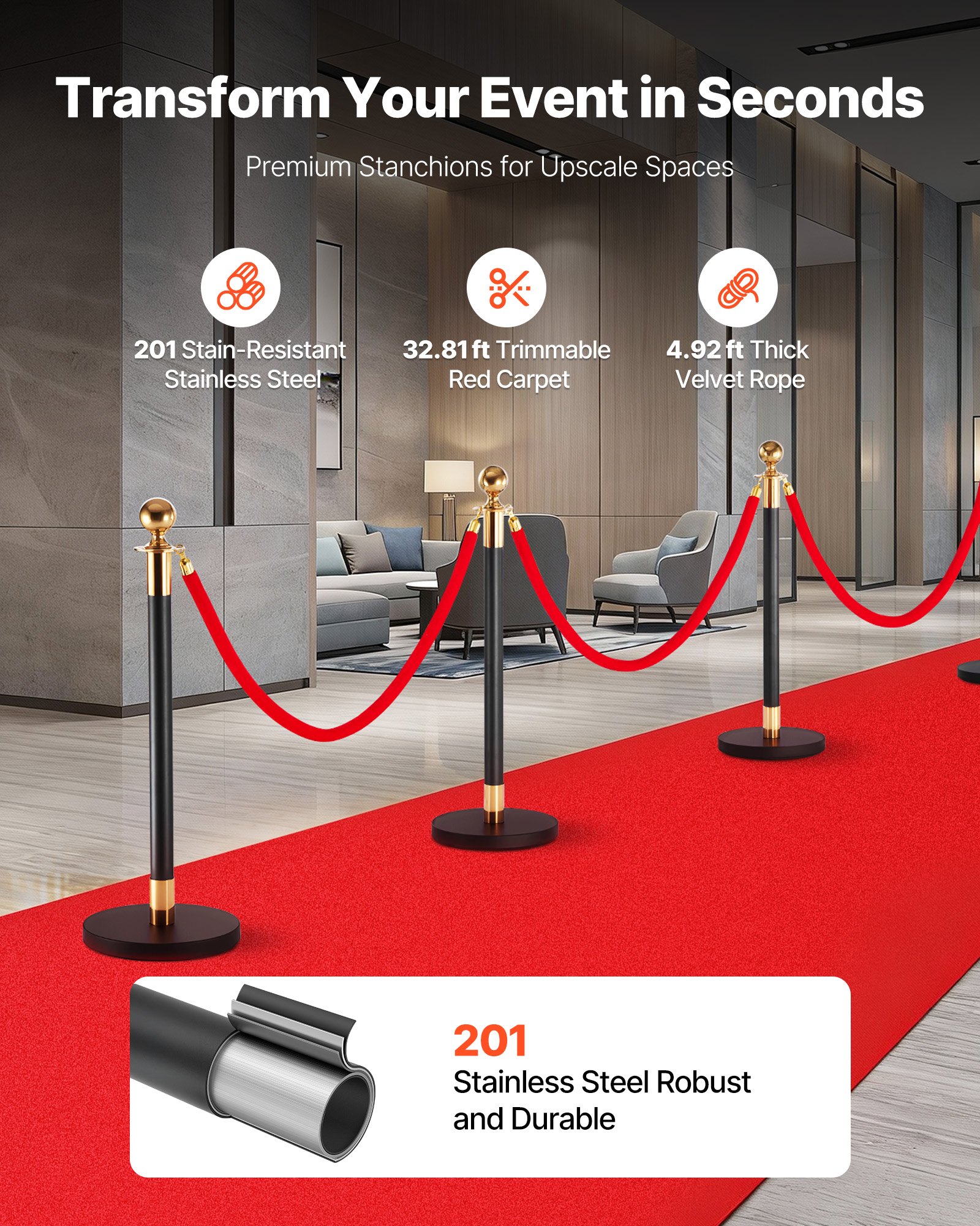 VEVOR Stanchion Post, 6 Pcs Crowd Control Barrier Set with Red Carpet, 4 Red Velvet Ropes, Stainless Steel Gold Stanchion Post Queue with Hollow Base for Theater, Party, Wedding, Exhibition (Black)