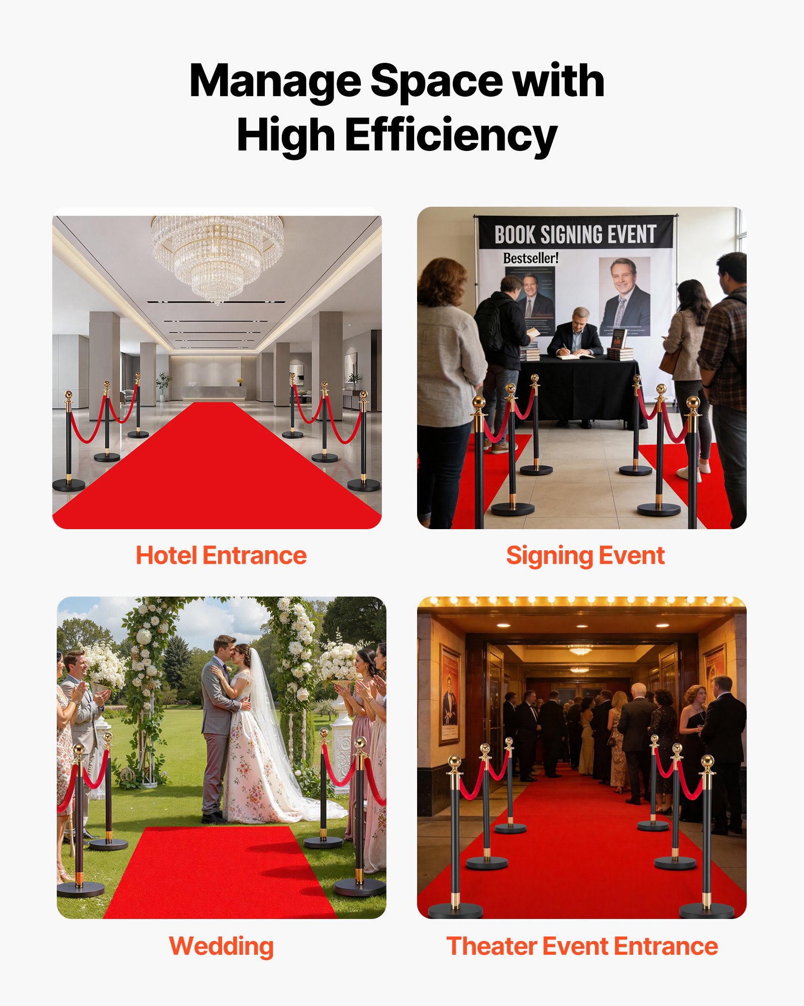 VEVOR Stanchion Post, 6 Pcs Crowd Control Barrier Set with Red Carpet, 4 Red Velvet Ropes, Stainless Steel Gold Stanchion Post Queue with Hollow Base for Theater, Party, Wedding, Exhibition (Black)