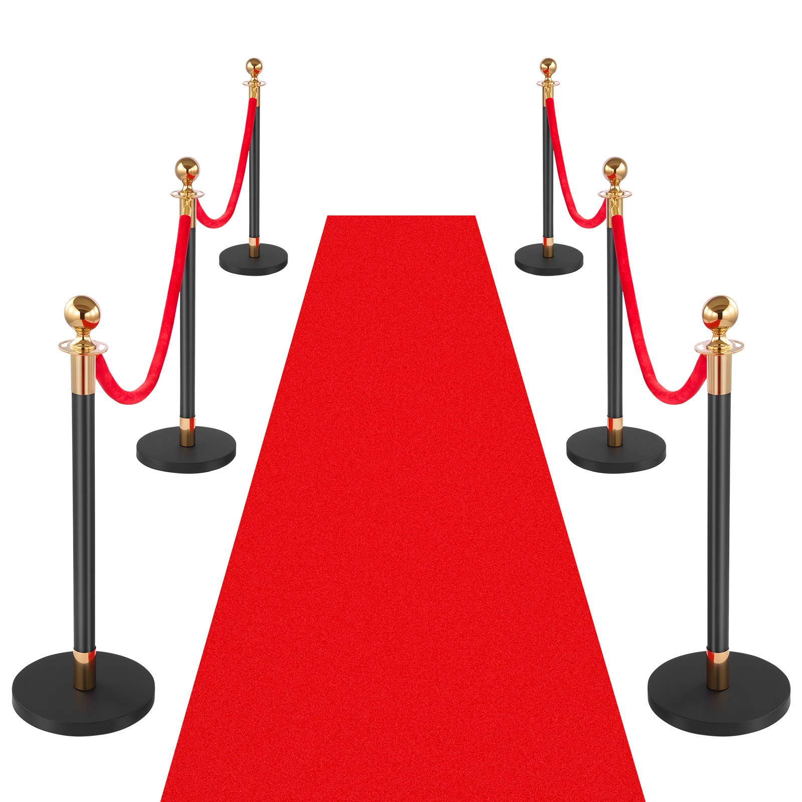 VEVOR Stanchion Post, 6 Pcs Crowd Control Barrier Set with Red Carpet, 4 Red Velvet Ropes, Stainless Steel Gold Stanchion Post Queue with Hollow Base for Theater, Party, Wedding, Exhibition (Black)