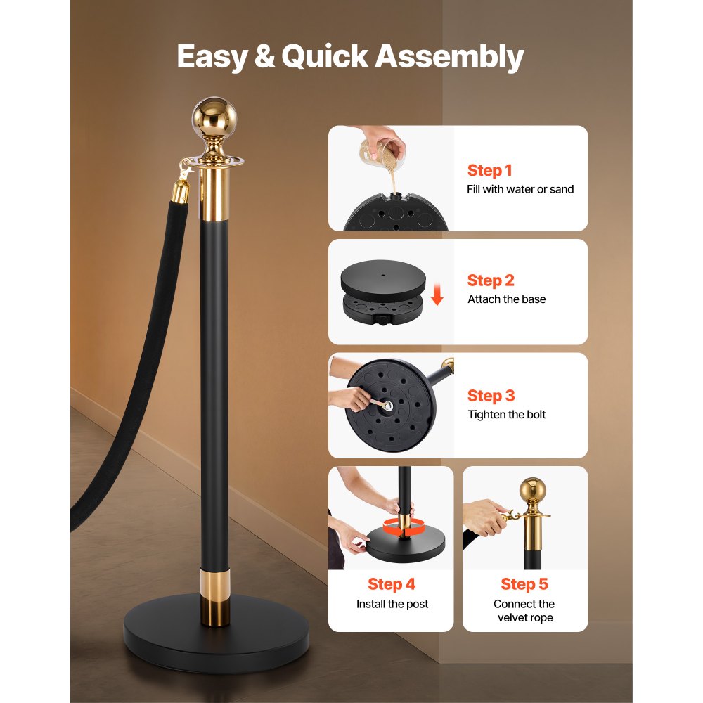 VEVOR Stanchion Post, 4 Pcs Crowd Control Barrier Set with 2 Black Velvet Ropes, Heavy Duty Stainless Steel Stanchion Post Queue with Hollow Base for Theater, Party, Wedding, Exhibition, Event (Black)