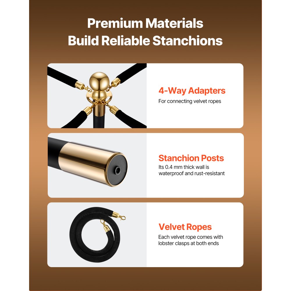 VEVOR Stanchion Post, 4 Pcs Crowd Control Barrier Set with 2 Black Velvet Ropes, Heavy Duty Stainless Steel Stanchion Post Queue with Hollow Base for Theater, Party, Wedding, Exhibition, Event (Black)