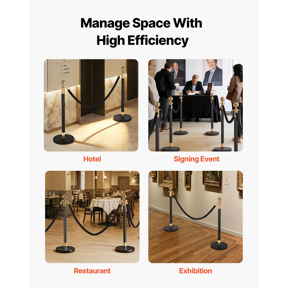 VEVOR Stanchion Post, 4 Pcs Crowd Control Barrier Set with 2 Black Velvet Ropes, Heavy Duty Stainless Steel Stanchion Post Queue with Hollow Base for Theater, Party, Wedding, Exhibition, Event (Black)