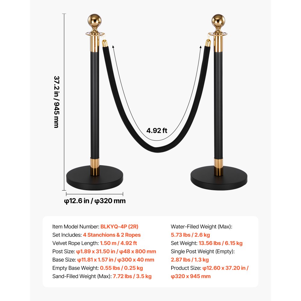VEVOR Stanchion Post, 4 Pcs Crowd Control Barrier Set with 2 Black Velvet Ropes, Heavy Duty Stainless Steel Stanchion Post Queue with Hollow Base for Theater, Party, Wedding, Exhibition, Event (Black)