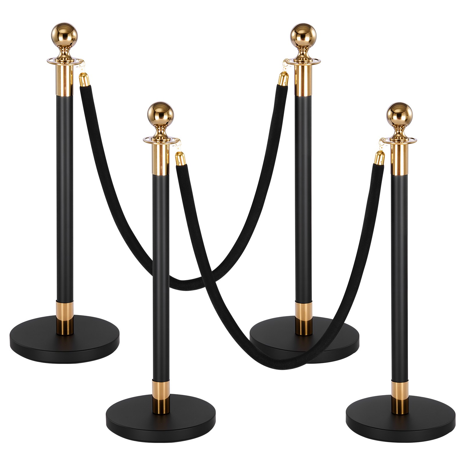 VEVOR Stanchion Post, 4 Pcs Crowd Control Barrier Set with 2 Black Velvet Ropes, Heavy Duty Stainless Steel Stanchion Post Queue with Hollow Base for Theater, Party, Wedding, Exhibition, Event (Black)