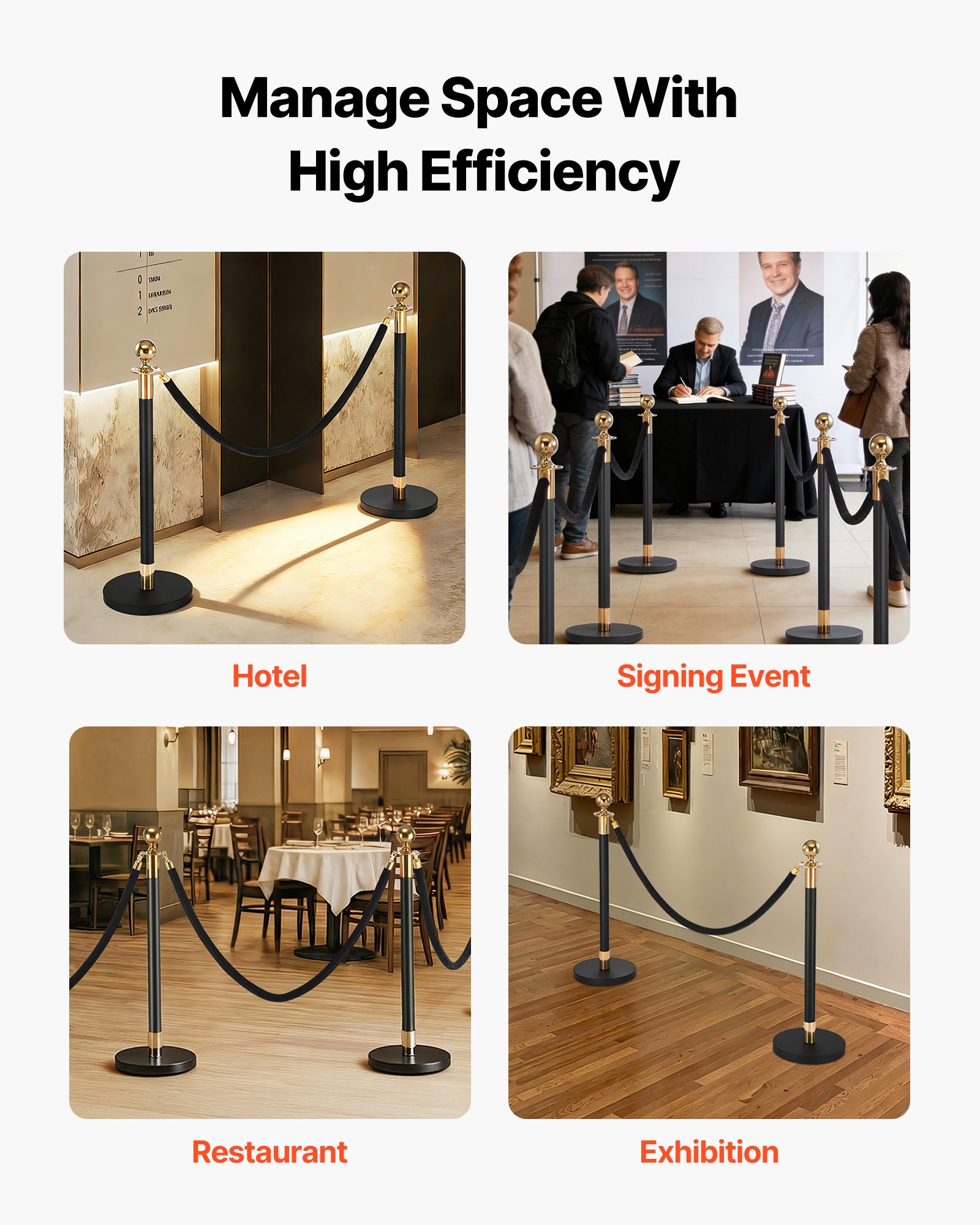 VEVOR Stanchion Post, 4 Pcs Crowd Control Barrier Set with 2 Black Velvet Ropes, Heavy Duty Stainless Steel Stanchion Post Queue with Hollow Base for Theater, Party, Wedding, Exhibition, Event (Black)