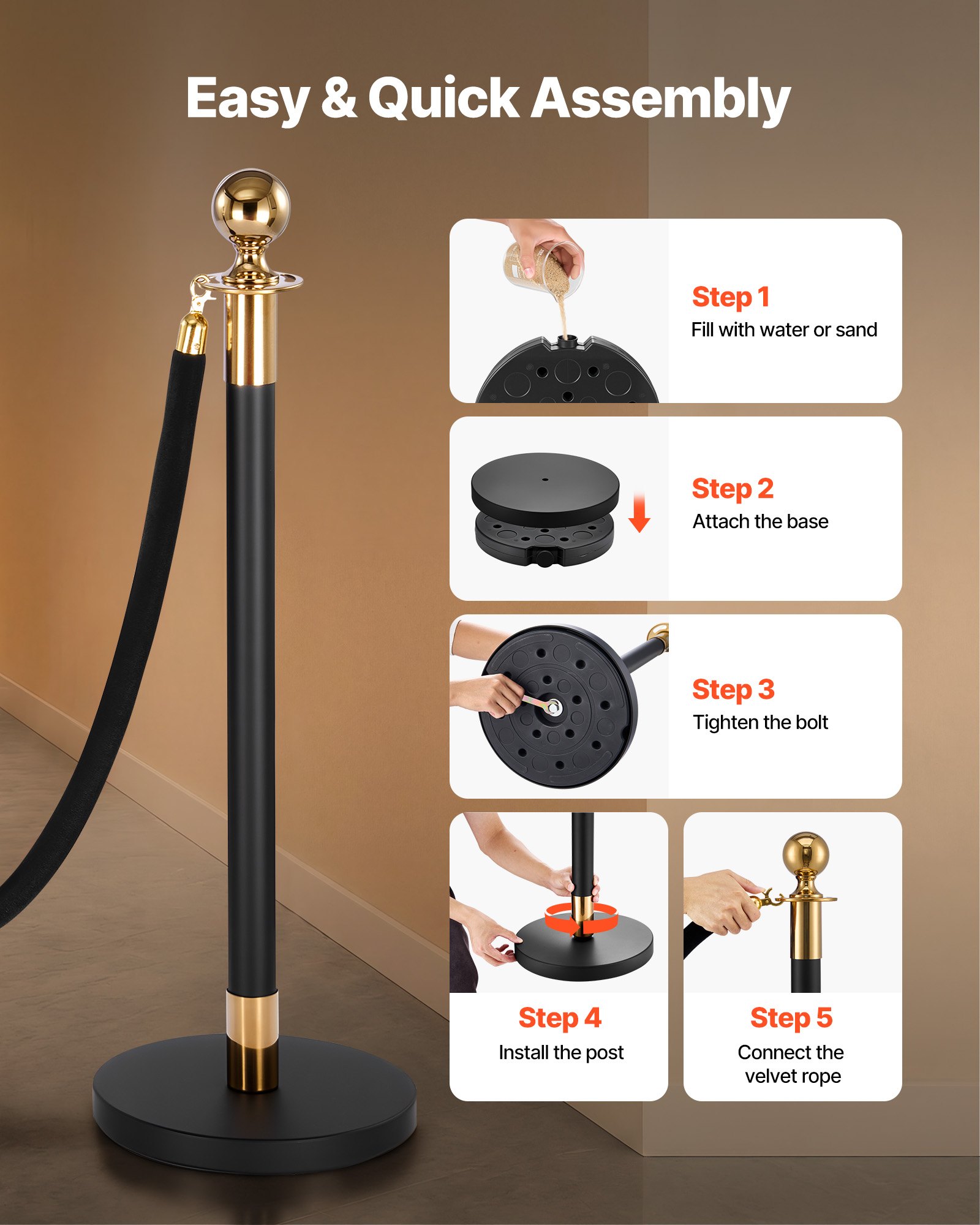 VEVOR Stanchion Post, 4 Pcs Crowd Control Barrier Set with 2 Black Velvet Ropes, Heavy Duty Stainless Steel Stanchion Post Queue with Hollow Base for Theater, Party, Wedding, Exhibition, Event (Black)