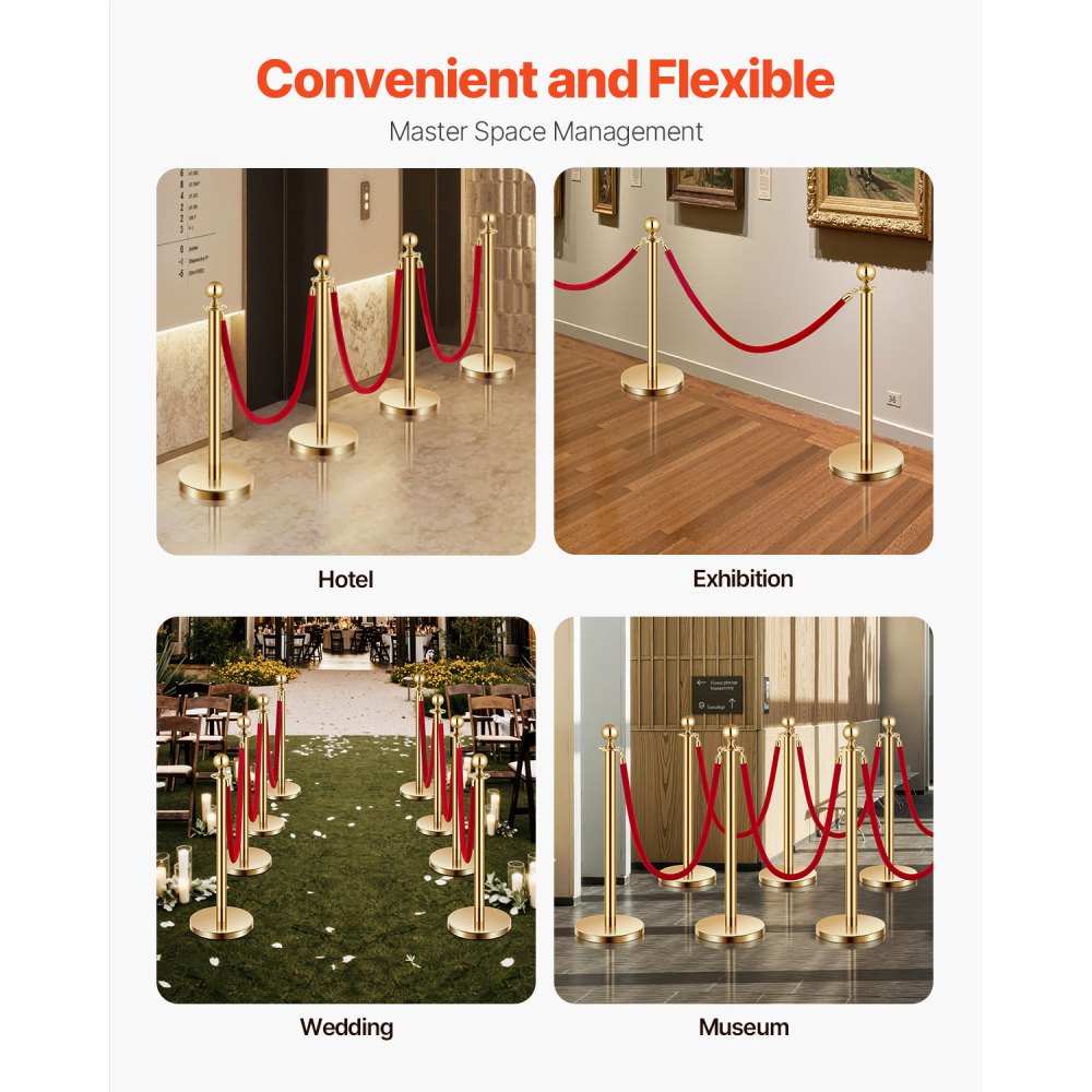 VEVOR Stanchion Post, 8 Pcs Crowd Control Barrier Set with 6 Red Velvet Ropes, 5 ft Stainless Steel Gold Stanchion Post Queue with Sand Injection Hollow Base for Theater, Party, Wedding, Exhibition