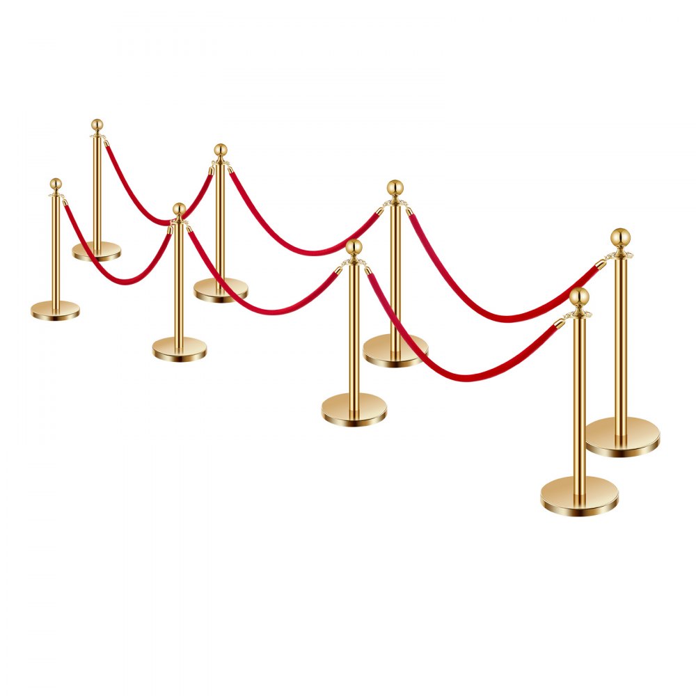 VEVOR Stanchions and Velvet Ropes 8Pcs, Hollow Base with Stainless Steel Post, 6 Red Velvet Ropes and Posts, Crowd Control Barriers Gold Stanchions, Red Carpet Runner Poles for Party Supplies
