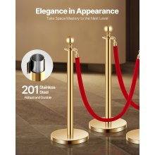 VEVOR Stanchions and Velvet Ropes 8Pcs, Hollow Base with Stainless Steel Post, 6 Red Velvet Ropes and Posts, Crowd Control Barriers Gold Stanchions, Red Carpet Runner Poles for Party Supplies