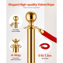 VEVOR Stanchions and Velvet Ropes 8Pcs, Hollow Base with Stainless Steel Post, 6 Red Velvet Ropes and Posts, Crowd Control Barriers Gold Stanchions, Red Carpet Runner Poles for Party Supplies