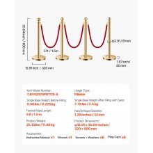 VEVOR Stanchions and Velvet Ropes 8Pcs, Hollow Base with Stainless Steel Post, 6 Red Velvet Ropes and Posts, Crowd Control Barriers Gold Stanchions, Red Carpet Runner Poles for Party Supplies