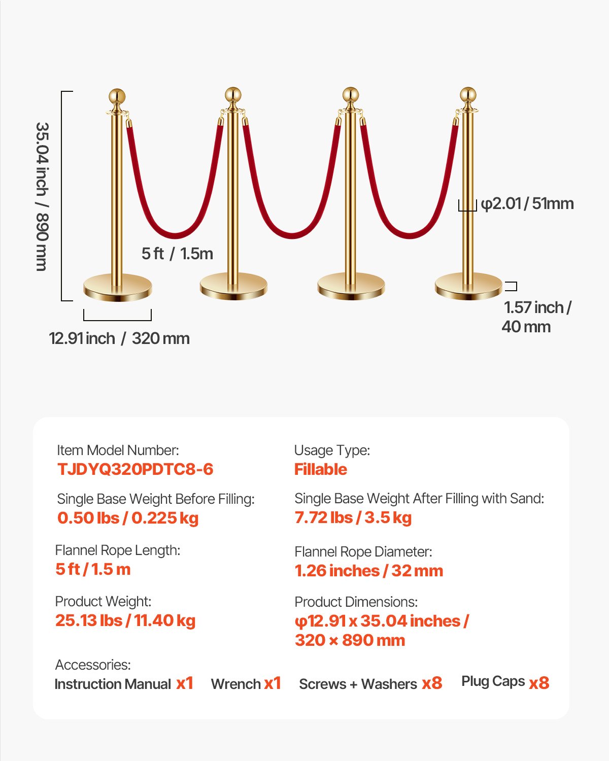 VEVOR Stanchion Post, 8 Pcs Crowd Control Barrier Set with 6 Red Velvet Ropes, 5 ft Stainless Steel Gold Stanchion Post Queue with Sand Injection Hollow Base for Theater, Party, Wedding, Exhibition