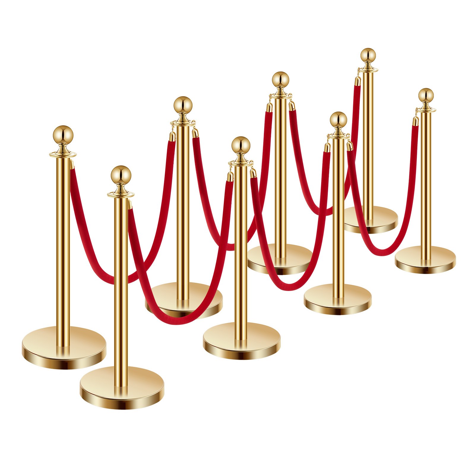 VEVOR Stanchion Post, 8 Pcs Crowd Control Barrier Set with 6 Red Velvet Ropes, 5 ft Stainless Steel Gold Stanchion Post Queue with Sand Injection Hollow Base for Theater, Party, Wedding, Exhibition