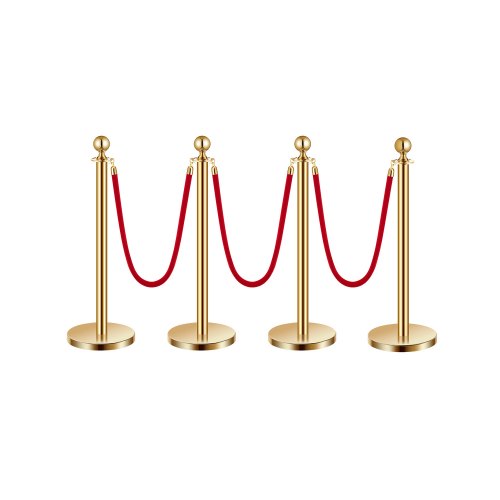VEVOR 4 Pcs Gold Stanchion Post 3 Red Velvet Ropes Sand Injection Hollow Base