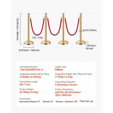 VEVOR 4 Pcs Gold Stanchion Post 3 Red Velvet Ropes Sand Injection Hollow Base