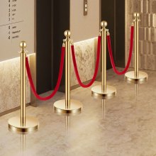 4PCS Gold Stanchions Posts with 3PCS 4.92 ft Red Velvet Rope, Red Velvet Rope Stanchion Set Crowd Control Barriers, Stanchions and Velvet Ropes Red Carpet Poles for Party Supplies