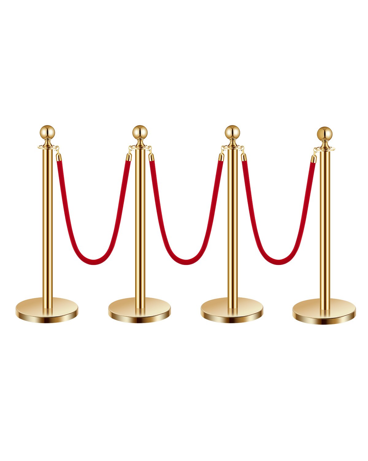 VEVOR Stanchion Post, 4 Pcs Crowd Control Barrier Set with 3 Red Velvet Ropes, 5 ft Stainless Steel Gold Stanchion Post Queue with Sand Injection Hollow Base for Theater, Party, Wedding, Exhibition