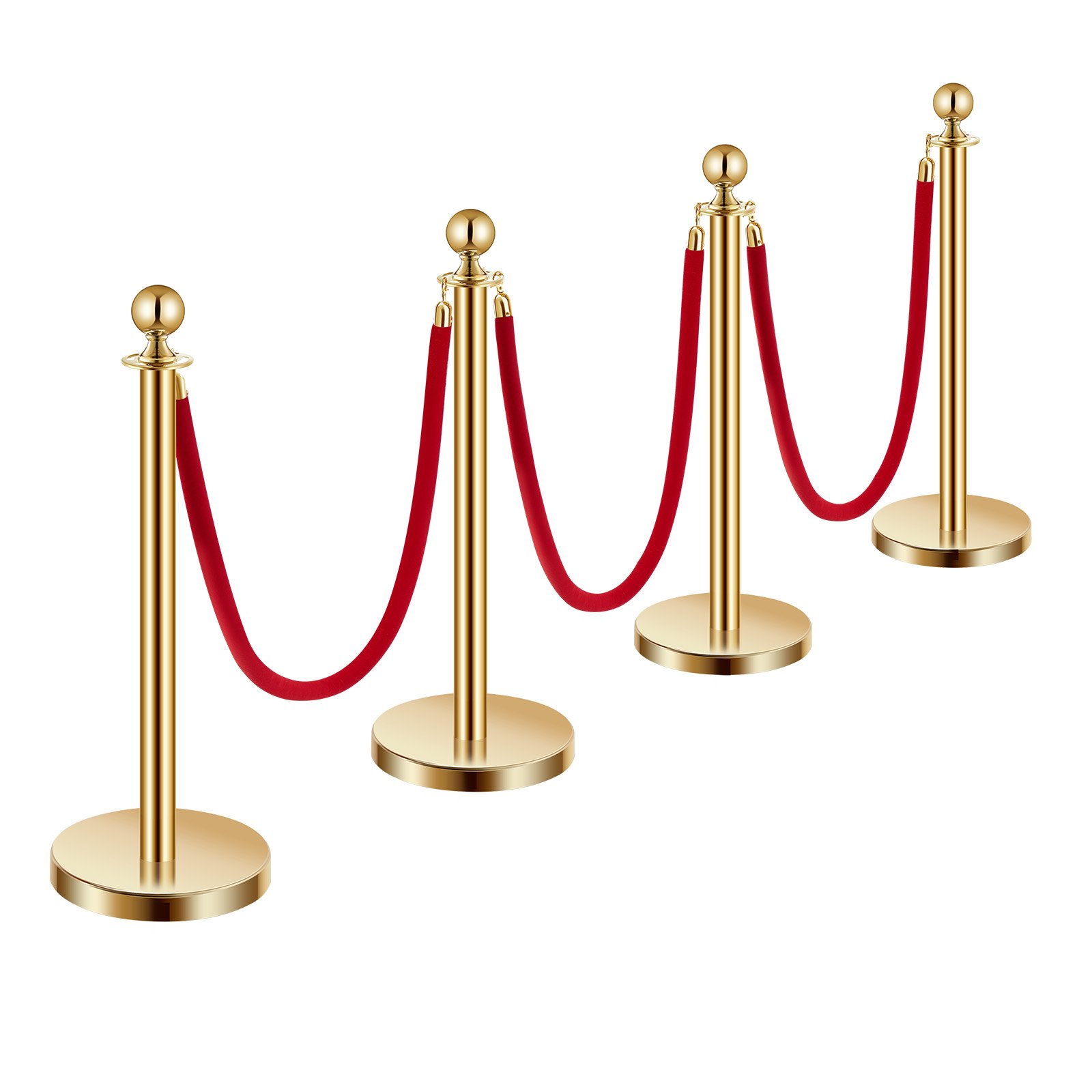 VEVOR Stanchion Post, 4 Pcs Crowd Control Barrier Set with 3 Red Velvet Ropes, 5 ft Stainless Steel Gold Stanchion Post Queue with Sand Injection Hollow Base for Theater, Party, Wedding, Exhibition
