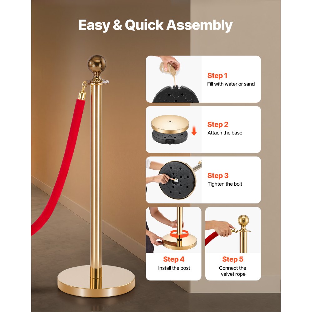 VEVOR Stanchion Post, 6 Pcs Crowd Control Barrier Set with Red Carpet, 4 Red Velvet Ropes, Stainless Steel Gold Stanchion Post Queue with Hollow Base for Theater, Party, Wedding, Exhibition (Gold)