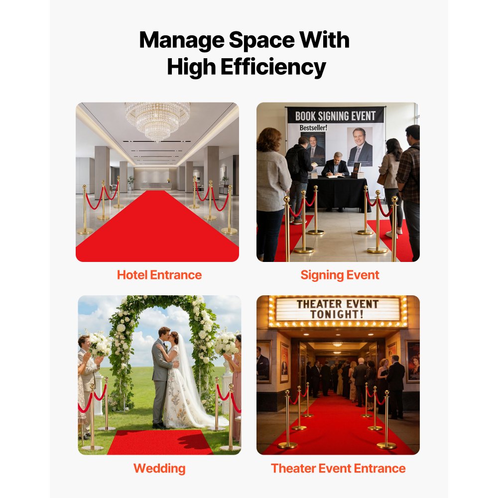 VEVOR Stanchion Post, 6 Pcs Crowd Control Barrier Set with Red Carpet, 4 Red Velvet Ropes, Stainless Steel Gold Stanchion Post Queue with Hollow Base for Theater, Party, Wedding, Exhibition (Gold)