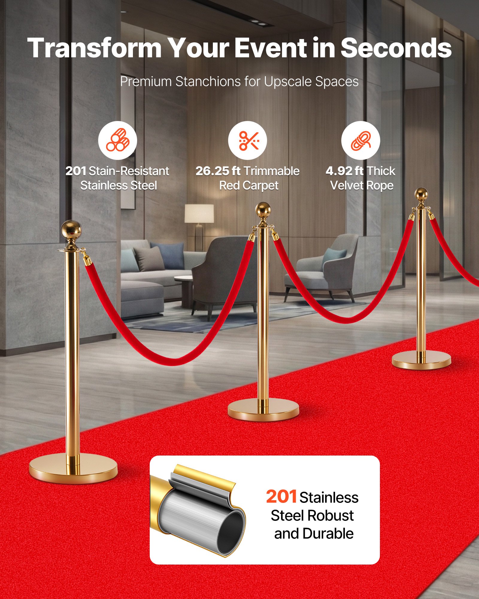 VEVOR Stanchion Post, 6 Pcs Crowd Control Barrier Set with Red Carpet, 4 Red Velvet Ropes, Stainless Steel Gold Stanchion Post Queue with Hollow Base for Theater, Party, Wedding, Exhibition (Gold)