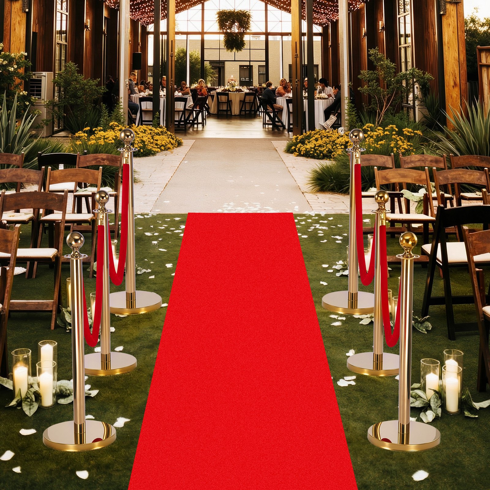 VEVOR Stanchion Post, 6 Pcs Crowd Control Barrier Set with Red Carpet, 4 Red Velvet Ropes, Stainless Steel Gold Stanchion Post Queue with Hollow Base for Theater, Party, Wedding, Exhibition (Gold)