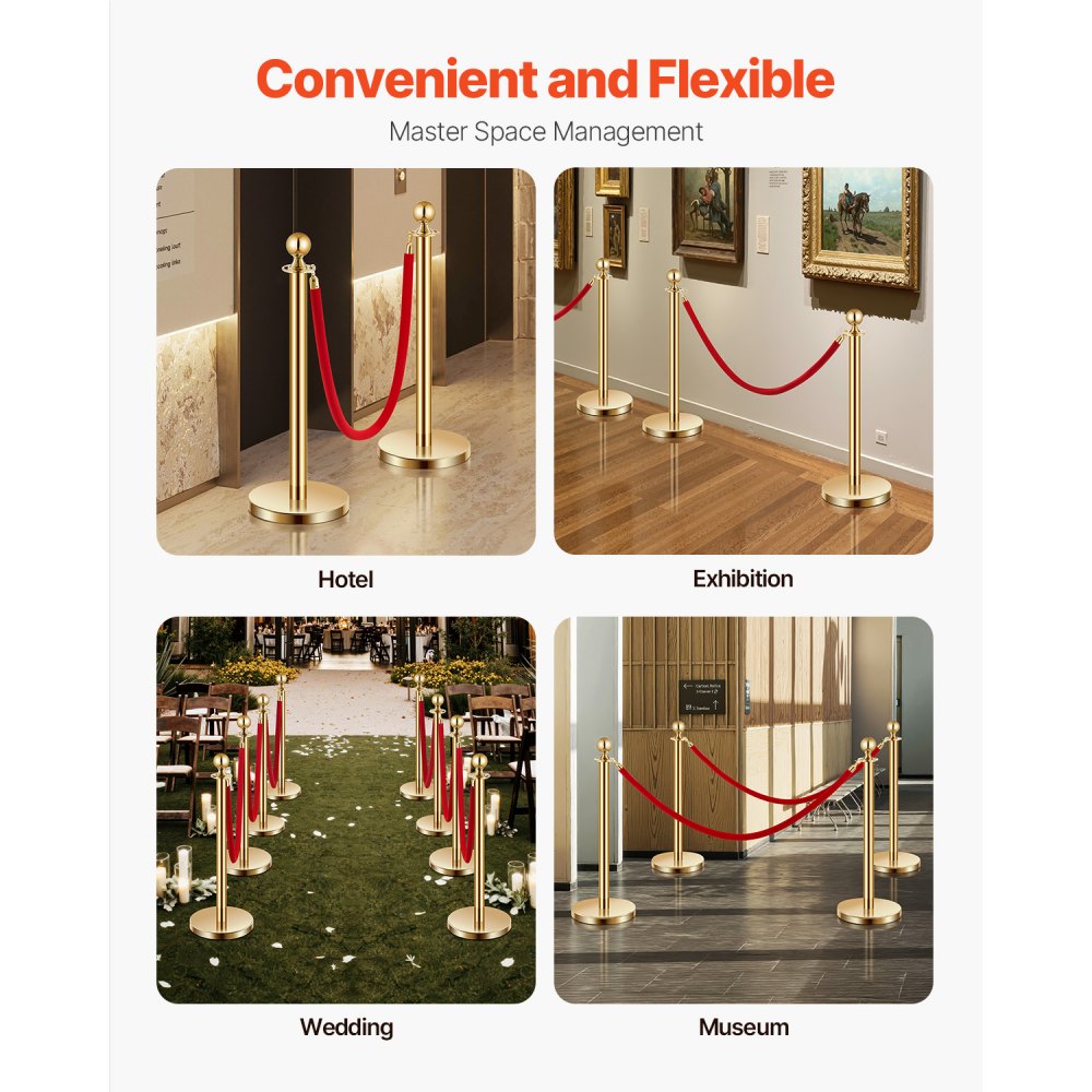 VEVOR Stanchion Post, 4 Pcs Crowd Control Barrier Set with 2 Red Velvet Ropes, 5 ft Stainless Steel Gold Stanchion Post Queue with Sand Injection Hollow Base for Theater, Party, Wedding, Exhibition